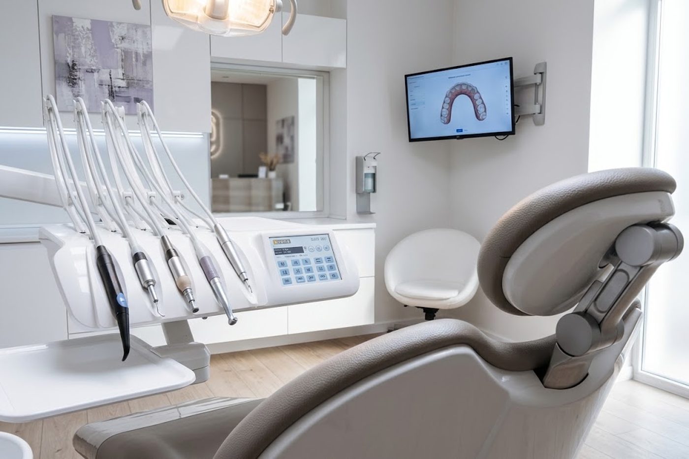 An empty dental treatment room with the chair, handpieces and a wall screen